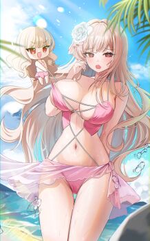 2girls @_@ absurdres arm_behind_back bare_shoulders bikini blonde_hair breasts cleavage collarbone commission cowboy_shot day embarrassed flower hair_flower hair_ornament hand_up highres large_breasts long_hair looking_at_viewer mini_person minigirl multiple_girls navel open_mouth original outdoors pink_bikini red_eyes sarong stomach strap_pull string suisen_(suisenhwa) sunlight swimsuit thigh_gap thighs very_long_hair wet