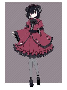 1boy absurdres black_bow black_bowtie black_hair black_shoes border bow bowtie brooch choker closed_mouth commentary_request crossdressing crossdressing_(mtf) dress expressionless flower_brooch frilled_dress frilled_hairband frilled_sleeves frills full_body grey_background grey_pantyhose hair_between_eyes hairband highres jewelry juliet_sleeves kyogoku_masamune long_sleeves looking_at_viewer male_focus multicolored_hair pantyhose puffy_sleeves red_dress red_eyes seira_jablko shoes short_hair solo strappy_heels striped_background touken_ranbu trap two-tone_hair white_border wide_sleeves