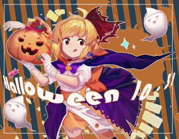 1girl 2018 :p ahoge black_socks blonde_hair blue_cape bow bowtie cape choker collared_shirt dress_shirt furahata_gen ghost hair_bow halloween halloween_costume highres holding holding_pumpkin looking_at_viewer october orange_bow orange_sash orange_skirt orange_socks pumpkin pumpkin_ornament purple_bow purple_bowtie purple_skirt red_bow red_eyes rumia shirt short_hair skirt sleeve_cuffs socks solo swept_bangs tongue tongue_out touhou two-tone_background two-tone_socks white_shirt