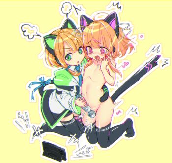 +++ 2girls ahoge animal_ear_headphones animal_ears black_shorts black_tail black_thighhighs blonde_hair blue_archive blue_bow blue_necktie blunt_bangs blush bow cat_ear_headphones cat_ears cat_tail cellphone chromatic_aberration clothed_female_nude_female collared_shirt commentary_request curled_fingers dildo fake_animal_ears fake_tail female_ejaculation flat_chest floating_hair full_body green_eyes green_jacket green_trim groin hair_bow hand_up hantoumei_namako head_steam headphones heart heart-shaped_pupils hitachi_magic_wand holding holding_sex_toy incest invisible_floor jacket kneeling kodomo_doushi loli long_sleeves looking_down looking_to_the_side low-tied_sidelocks medium_hair midori_(blue_archive) momoi_(blue_archive) multicolored_jacket multiple_girls multiple_hair_bows navel necktie nipples no_halo no_shoes nose_blush nude open_clothes open_jacket open_mouth outline parted_bangs phone pink_eyes pussy_juice raised_inner_eyebrows red_bow school_uniform sex_toy shirt short_shorts shorts siblings sidelocks simple_background sisters smartphone stiff_tail stomach symbol-shaped_pupils tail tail_around_another's_waist tail_around_waist tail_bow tail_ornament tail_raised tareme textless_version thighhighs tiptoes trembling twincest twins v-shaped_eyebrows vibrator white_jacket white_outline white_shirt wide_sleeves yellow_background yuri