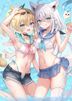 2girls ahoge alternate_costume animal_ears arm_up armpits bikini bikini_bottom_under_shorts bikini_under_clothes black_choker black_shorts blonde_hair blue_skirt blue_sky blush breasts choker fox_ears fox_girl fox_tail green_eyes highleg highleg_bikini highres hololive kazama_iroha long_hair looking_at_viewer md5_mismatch medium_breasts miteiru_(shirakami_fubuki) multiple_girls navel open_mouth ponytail resolution_mismatch retsuto sailor_collar shirakami_fubuki short_shorts shorts single_thighhigh skirt sky small_breasts smile source_smaller swimsuit tail thighhighs tongue tongue_out virtual_youtuber wading water white_bikini white_hair white_sailor_collar white_thighhighs
