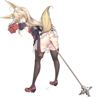 1girl ahoge animal_ears anus ass bad_id bad_pixiv_id bent_over black_thighhighs blonde_hair blush dress elin female_focus flat_chest from_behind full_body gloves highres leaning leaning_forward legs long_hair looking_back mary_janes open_mouth panties pussy pussy_juice scepter shoes smile solo standing tail tama_(tamatamo) tera_online thighhighs tongue tongue_out torn_clothes torn_dress uncensored underwear white_background white_panties yellow_eyes