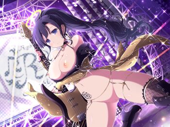 boots breasts chain cleft_of_venus collar earrings functionally_nude guitar halo high_heel_boots high_heels highres instrument jewelry kneeling legband nipples no_bra no_panties nude_filter open-toe_boots ponytail pussy ryouki_(senran_kagura) senran_kagura spread_legs stage stage_lights thigh_boots thighhighs third-party_edit waistband