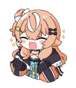 1girl :d ^_^ black_bow blue_dress blush_stickers bow brown_hair brown_jacket chibi closed_eyes commentary cropped_torso dress fang hair_bow hair_bun hair_ornament hairclip igarashi_rika igarashi_rika_(1st_costume) jacket long_hair long_sleeves multicolored_hair nijisanji nozo_(hitomiz) one_side_up open_mouth puffy_long_sleeves puffy_sleeves simple_background single_side_bun sleeves_past_wrists smile solo sparkle star_(symbol) star_hair_ornament streaked_hair upper_body virtual_youtuber white_background white_bow white_hair