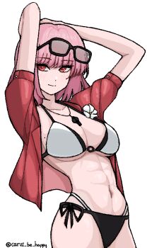abs arms_behind_head arms_up bikini blush breasts carvi_be_happy cleavage closed_mouth collarbone eyewear_on_head female_commander_(girls&#039;_frontline) girls&#039;_frontline girls&#039;_frontline_2:_exilium large_breasts layered_bikini light_smile long_hair looking_at_viewer medium_hair midriff navel official_alternate_costume pink_hair red_eyes red_shirt shirt shirt_flower short_hair side-tie_bikini_bottom simple_background sunglasses swimsuit whistle whistle_around_neck white_background