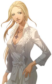 1girl blonde_hair breasts caduceus_new_blood chou_shittou_caduceus cleavage cynthia_kazakov doi_masayuki dress earrings grey_eyes hand_on_own_hip highres jewelry long_hair medium_breasts necklace official_art photoshop_(medium) simple_background solo standing third-party_source transparent_background white_dress