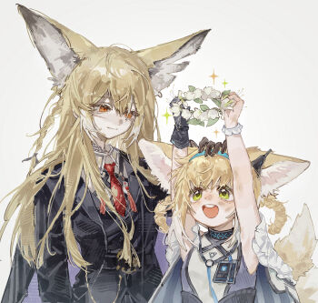 2girls absurdres animal_ears arknights blonde_hair braid chinese_commentary commentary_request fox_ears fox_girl fox_tail green_eyes hairband highres huaique mother_and_daughter multiple_girls necktie shirt smile suzuran_(arknights) tail vulpisfoglia_(arknights) white_background white_shirt