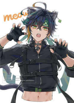 Rule 34 | 1boy, alternate costume, animal ears, bell, black choker, black gloves, black hair, black jacket, black nails, blonde hair, cat boy, cat ears, choker, crop top, fingerless gloves, genshin impact, gloves, green eyes, green hair, green headband, green nails, headband, highres, jacket, kinich (genshin impact), male focus, midriff, multicolored hair, navel, neck bell, open mouth, short hair, skg g, solo, streaked hair, track jacket, white background