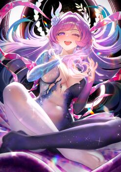 1girl ;o absurdres aqua_hair bodysuit breasts commentary cosplay covered_navel cruzvu cyrene_(honkai:_star_rail) cyrene_(ripples_of_past_reverie)_(honkai:_star_rail) diamond-shaped_pupils diamond_(shape) earrings english_commentary flower goddess_of_victory:_nikke hair_flower hair_intakes hair_ornament halo heart heart_hands highres honkai:_star_rail honkai_(series) indian_style jewelry large_breasts long_hair multicolored_bodysuit multiple_boys nayuta_(nikke) nayuta_(nikke)_(cosplay) nayuta_(wu_wei)_(nikke) one_eye_closed paid_reward_available pink_hair pointy_ears purple_eyes sitting solo space_skin symbol-shaped_pupils two-tone_bodysuit very_long_hair white_hair