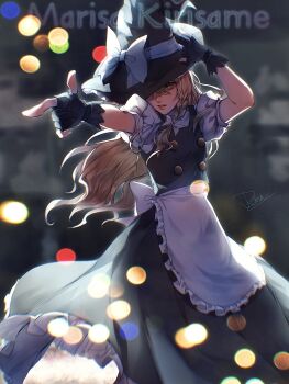 Rule 34 | 1girl, aihara-rina, apron, back bow, black gloves, black skirt, black vest, blonde hair, bow, braid, character name, commentary, cowboy shot, frilled skirt, frills, gloves, hair bow, hashtag-only commentary, hat, hat bow, highres, kirisame marisa, long hair, looking at viewer, partially fingerless gloves, puffy short sleeves, puffy sleeves, short sleeves, side braid, signature, single braid, skirt, solo, touhou, very long hair, vest, waist apron, white apron, white bow, witch hat, yellow eyes