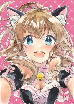Rule 34 | 1girl, animal ear fluff, animal ears, bell, black dress, blue eyes, blunt bangs, blush, bow, bowtie, braid, breasts, brown hair, cat ears, cleavage, detached sleeves, dot nose, dress, eyelashes, fur trim, highres, idolmaster, idolmaster million live!, idolmaster million live! theater days, kousaka umi, long hair, neck bell, nonano73, nyannyan cat's eye (idolmaster), official alternate costume, pink background, pink bow, pink bowtie, smile, solo, teeth, twin braids, upper body, upper teeth only, very long hair