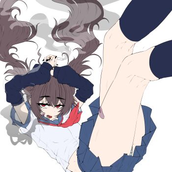 Rule 34 | 1girl, absurdres, arm warmers, arms up, bandaid, bandaid on cheek, bandaid on face, bandaid on leg, blue arm warmers, blue skirt, brown hair, cigarette, commentary, english commentary, feet out of frame, flat color, hair between eyes, highres, holding, holding cigarette, kneepits, legs up, long hair, looking at viewer, mayoa, miniskirt, mole, mole on thigh, neckerchief, open mouth, original, panties, panty peek, pleated skirt, red eyes, red neckerchief, shirt, simple background, skirt, smoke, smoke trail, smoking, solo, twintails, underwear, white background, white shirt