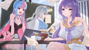 3girls absurdres animal_ear_hairband animal_ears ayauke bing_hayu black_dress black_hairband blue_hair blue_hairband blue_vest book braid breasts cleavage closed_mouth clothing_cutout commentary_request computer cropped_vest crossover cup detached_collar dress fake_animal_ears flower grey_hair hair_flower hair_ornament hairband half_up_braid hand_up highres holding korean_commentary laptop large_breasts long_hair long_sleeves luvdia mug multicolored_hair multiple_girls neckerchief open_mouth parted_lips pile_of_books pink_eyes pink_hair plaid_clothes plaid_vest project_[i] purple_hair purple_neckerchief rabbit_ear_hairband rabbit_ears rerain_an sailor_collar shirt shoulder_cutout single_bare_shoulder sitting sleeveless sleeveless_dress smile stardays straight_hair table terri_nunna two-tone_hair v-shaped_eyebrows very_long_hair vest virtual_youtuber white_dress white_shirt wing_collar yellow_sailor_collar