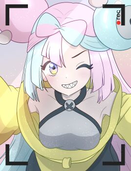 1girl absurdres bow-shaped_hair breasts character_hair_ornament collarbone grey_shirt grin hair_ornament happy highres iono_(pokemon) jacket long_hair looking_at_viewer muis0802 multicolored_hair nintendo one_eye_closed pokemon pokemon_sv recording sharp_teeth shirt sleeveless sleeveless_shirt smile solo teeth two-tone_hair viewfinder yellow_jacket