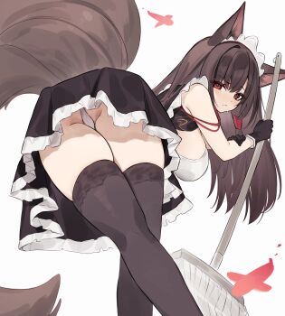 1girl absurdres akagi_(azur_lane) alternate_costume animal_ears ass azur_lane bent_over black_dress black_gloves blush breasts brown_hair commentary_request crossed_legs diieru dress enmaided eyeshadow fox_ears fox_girl fox_tail frilled_dress frills from_behind from_below gloves hair_between_eyes hair_ornament hairclip highres holding holding_mop kitsune large_breasts long_hair looking_at_viewer looking_back maid maid_headdress makeup mop multiple_tails nervous orange_eyes panties paper_airplane red_eyes red_eyeshadow sideboob_cutout sleeveless sleeveless_dress solo standing tail thighhighs thighs underwear very_long_hair white_panties