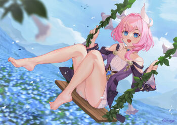 1girl absurdres artist_name bare_shoulders barefoot blue_eyes blue_sky breasts commentary_request cyrene_(aedes_elysiae)_(honkai:_star_rail) cyrene_(honkai:_star_rail) dress feet field flower flower_field hair_ornament highres honkai:_star_rail honkai_(series) jewelry li_feng_(user_hvnc4748) looking_at_viewer multicolored_hair necklace on_swing pink_hair short_hair sky small_breasts solo swing toes two-tone_hair white_dress white_hair