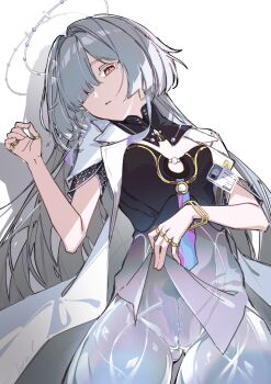 1girl absurdres breasts cleft_of_venus clothes_lift colored_eyelashes commentary dress dress_lift earrings eyes_visible_through_hair grey_hair hair_over_one_eye halo highres id_card jacket jewelry leria_v lifting_own_clothes long_hair looking_at_viewer mornye_(wuthering_waves) parted_lips purple_dress pussy red_eyes see-through_body signature simple_background small_breasts solo symbol-only_commentary triangle_earrings uterus white_background white_jacket wuthering_waves