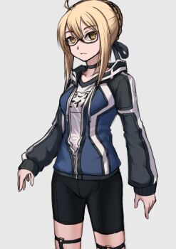 Rule 34 | 1girl, ahoge, arms at sides, artoria pendragon (fate), bike shorts, black-framed eyewear, black choker, black jacket, blonde hair, blue jacket, braid, breasts, bun with braided base, choker, commentary request, cowboy shot, double-parted bangs, fate/grand order, fate (series), glasses, gym shirt, hair between eyes, hair bun, hair ribbon, jacket, legs apart, legwear garter, long sleeves, looking at viewer, medium breasts, multicolored jacket, mysterious heroine x alter (fate), mysterious heroine x alter (second ascension) (fate), name tag, purutoppu (toranohige), raglan sleeves, ribbon, semi-rimless eyewear, shirt, short hair, single hair bun, solo, thigh strap, track jacket, two-tone jacket, under-rim eyewear, white shirt, yellow eyes
