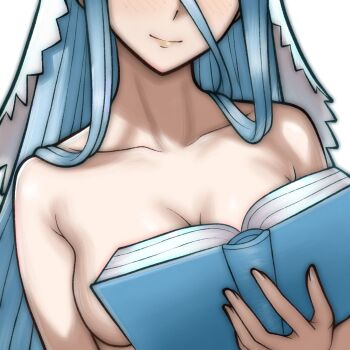 1girl azura_(fire_emblem) boobs_in_book_(meme) book breasts cleavage eyes_out_of_frame fire_emblem fire_emblem_fates head_out_of_frame long_hair medium_breasts nintendo rotomdocs sideboob smile