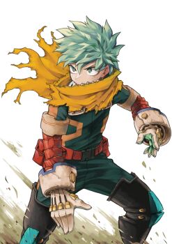 1boy absurdres bodysuit boku_no_hero_academia bright_pupils commentary covered_mouth feet_out_of_frame fighting_stance freckles gloves green_bodysuit green_hair highres hiro_illust11 looking_afar looking_to_the_side male_focus midoriya_izuku scarf shards solo spiked_hair squatting standing superhero_costume torn_clothes torn_scarf v-shaped_eyebrows white_gloves white_pupils