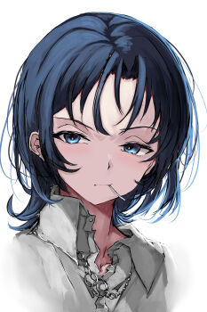 Rule 34 | 1girl, absurdres, blue eyes, blue hair, closed mouth, collared shirt, highres, hiodoshi ao, hololive, hololive dev is, jewelry, medium hair, necklace, shirt, simple background, solo, tazrn1, virtual youtuber, white background, white shirt