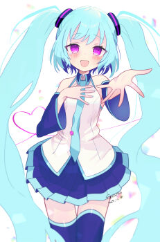 1girl absurdres aisarenakute_mo_kimi_ga_iru_(vocaloid) aqua_hair aqua_necktie aqua_trim black_collar blush collar collared_shirt commentary_request crying crying_with_eyes_open detached_sleeves hair_between_eyes hair_ornament hand_on_own_chest hatsune_miku highres long_hair long_sleeves looking_at_viewer necktie open_mouth pink_eyes reaching reaching_towards_viewer shirt sleeveless sleeveless_shirt smile solo sorami tears tears_from_one_eye thighhighs very_long_hair vocaloid wide_sleeves zettai_ryouiki