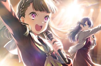 2girls :d arm_up braid brown_cardigan brown_dress cardigan center-flap_bangs closed_mouth cowboy_shot dollchestra dress game_cg hasu_no_sora_school_uniform highres holding holding_microphone kachimachi_kosuzu link!_like!_love_live! long_hair long_sleeves looking_at_another love_live! microphone multiple_girls murano_sayaka neckerchief non-web_source official_art open_cardigan open_clothes open_mouth pink_eyes pleated_dress red_neckerchief sailor_collar sailor_dress school_uniform side_braids smile split_mouth stage teeth upper_body upper_teeth_only virtual_youtuber white_sailor_collar winter_uniform yellow_neckerchief