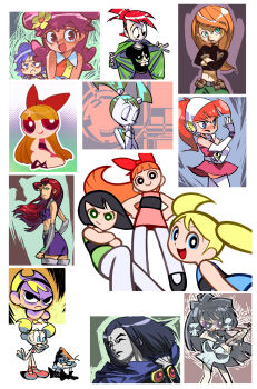 1boy 6+girls aged_down alien atomic_betty bare_arms black_eyes black_gloves black_hair blonde_hair blossom_(ppg) blue_eyes blue_hair boots bracelet breasts brother_and_sister bubbles_(ppg) buttercup_(ppg) cartoon_network closed_eyes colored_skin crossed_arms crossover dc_comics dexter&#039;s_laboratory dexter_(dexter&#039;s_laboratory) earrings electric_guitar facing_viewer forehead_jewel foster&#039;s_home_for_imaginary_friends frankie_foster full_body glasses gloves green_eyes grey_skin guitar high_ponytail highres holding holding_instrument instrument jewelry kim_possible kim_possible_(series) long_hair mandy_(grim_adventures) midriff multiple_crossover multiple_girls music my_life_as_a_teenage_robot oekaki on_floor orange_hair otonari_koubou outline pantyhose playing_instrument ponytail powerpuff_girls purple_eyes purple_hair raven_(dc) red_hair short_hair siblings skirt skull_earrings small_breasts spiked_bracelet spikes standing starfire teen_titans the_grim_adventures_of_billy_&amp;_mandy thigh_boots thighhighs toon_(style) twintails white_outline white_pantyhose yoshinari_you zettai_ryouiki