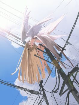 Rule 34 | 1girl, :o, angel, angel wings, bare legs, barefoot, blonde hair, chii, chobits, cloud, dress, feathered wings, from below, hair tubes, highres, huimuuu, lens flare, long hair, looking down, multiple wings, power lines, red eyes, robot ears, seraph, short dress, sitting, sky, solo, strap slip, tareme, utility pole, very long hair, white dress, white wings, wings