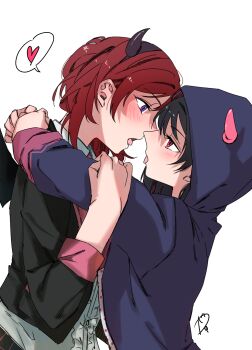 Rule 34 | 2girls, arms around neck, black hair, black shirt, blue hoodie, commentary request, demon horns, eye contact, fake horns, from side, hand on another's arm, heart, highres, hood, hood up, hoodie, horns, little devil (love live!), looking at another, love live!, love live! school idol project, medium hair, multiple girls, nishikino maki, noses touching, open mouth, profile, purple eyes, red eyes, red hair, shirt, signature, simple background, speech bubble, spoken heart, surfacedxxc, tongue, tongue out, white background, yazawa nico, yuri
