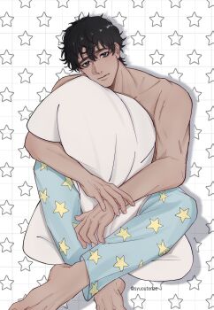 1boy barefoot black_hair blue_pajamas blue_pants brown_hair chi.:_chikyuu_no_undou_ni_tsuite closed_mouth crossed_ankles grid_background hair_between_eyes highres male_focus oczy pajama_pants pajamas pants pillow print_pajamas short_hair solo star_(symbol) star_print syuoutenze topless_male twitter_username