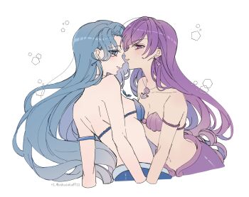 +1_(yakusoku0722) 2girls air_bubble armlet bare_shoulders bikini blue_eyes blue_hair blush breasts bubble caren_(mermaid_melody_pichi_pichi_pitch) cleavage collarbone color_coordination commentary cropped_legs cropped_tail earrings highres implied_yuri jewelry long_hair mamono_with_mamono medium_breasts merfolk merfolk_with_merfolk mermaid mermaid_melody_pichi_pichi_pitch monster_girl multiple_girls navel necklace noel_(mermaid_melody_pichi_pichi_pitch) pendant_earrings pentagram purple_eyes purple_hair seashell shell shell_bikini shell_earrings shell_necklace simple_background small_breasts swimsuit untranslatable_commentary white_background