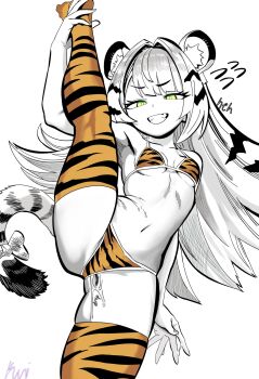 Rule 34 | 1girl, animal ear fluff, animal ears, animal print, bikini, breasts, cum, cumdrip, flying sweatdrops, green eyes, grin, highres, ju fufu, kunitoro (artist), long hair, print bikini, print thighhighs, small breasts, smile, solo, split, standing, standing on one leg, standing split, swimsuit, tail, thighhighs, tiger ears, tiger print, tiger tail, zenless zone zero