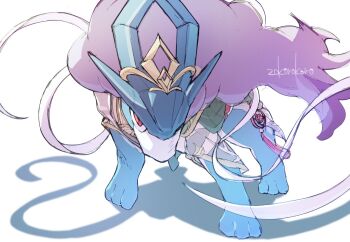 Rule 34 | animal focus, blue fur, cloak, clothed pokemon, full body, gen 2 pokemon, gold tiara, korosliszt, legendary pokemon, looking at viewer, nintendo, no humans, pokemon, pokemon (creature), pokemon focus, pokemon unite, purple hair, red eyes, ribbon, simple background, solo, standing, suicune, suicune (fairy-tale), white background, white cloak, white ribbon