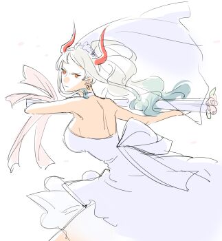 1girl bouquet bridal_veil bride closed_mouth commentary dress flower highres holding holding_bouquet horns one_piece orange_eyes ponytail raine_(acke2445) red_horns sidelocks simple_background solo veil wedding_dress white_background white_dress white_hair yamato_(one_piece)