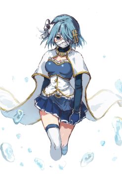 1girl bandaged_head bandaged_leg bandages blue_eyes blue_gloves blue_hair blue_skirt blue_sleeves breasts bubble buttons cape covered_mouth cropped_legs diamond_button empty_eyes fortissimo frills gloves gold_trim hair_ornament hair_ribbon highres long_sleeves magical_girl mahou_shoujo_madoka_magica mahou_shoujo_madoka_magica:_walpurgis_no_kaiten miki_sayaka miki_sayaka_(magical_girl) mu0_0gi musical_note musical_note_hair_ornament one_eye_covered pleated_skirt ribbon shirt short_hair skirt solo thighhighs white_background white_cape white_ribbon white_shirt white_thighhighs