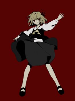1girl ascot black_shoes black_skirt black_vest blonde_hair bow closed_mouth full_body hair_bow hashtag-only_commentary highres looking_at_viewer outstretched_arms red_background red_bow red_eyes rumia shoes short_hair simple_background sixsec6ndzlater skirt smile solo spread_arms touhou vest yellow_ascot