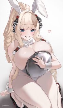 1girl alternate_costume alternate_hairstyle animal_ear_hairband animal_ears blonde_hair blue_eyes breasts commentary_request crown_(nikke) curvy detached_collar drill_hair fake_animal_ears goddess_of_victory:_nikke grin hairband high_ponytail highres holding holding_plate huge_breasts leotard light_blush long_hair long_sidelocks looking_at_viewer nobako pantyhose plate playboy_bunny ponytail rabbit_ear_hairband rabbit_ears sidelocks smile solo thick_thighs thighs very_long_hair very_long_sidelocks white_background white_leotard white_pantyhose wrist_cuffs