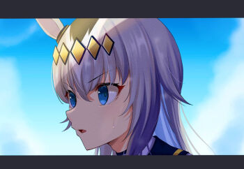1girl animal_ears blue_eyes blue_sky cloud commentary_request day ear_ornament from_side grey_hair hair_between_eyes hair_ornament horse_ears horse_girl letterboxed long_hair looking_ahead oguri_cap_(umamusume) open_mouth outdoors portrait ramkilog sky solo sweat umamusume