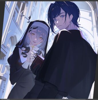1boy 1girl alternate_costume black_dress black_hair black_jacket blue_hair braid braided_bangs ceres_fauna commentary cross cross_earrings dress earrings english_commentary genderswap genderswap_(ftm) glasses gradient_hair grey_hair hair_behind_ear hair_intakes holding holding_cross hololive hololive_english jacket jewelry long_hair looking_at_viewer multicolored_hair nun nun_headdress ouro_kronii ouro_krono priest round_eyewear ryuko_lee short_hair single_braid smile traditional_nun virtual_youtuber yellow_eyes