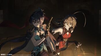 Rule 34 | 2girls, absurdres, ahoge, black gloves, black hair, black jacket, black shorts, braid, braided hair rings, brown hair, chain, copyright name, copyright notice, dark background, detached collar, evil grin, evil smile, fingerless gloves, gloves, green shirt, grin, gun, hair between eyes, hair bun, hair rings, hand up, handgun, highres, holding, holding chain, holding gun, holding weapon, jacket, jacket on shoulders, jingui (xinyue tongxing), logo, longjing (xinyue tongxing), looking to the side, multiple girls, official art, official wallpaper, ponytail, red shirt, revolver, shirt, short hair, shorts, sidelighting, sleeveless, sleeveless shirt, smile, strapless, strapless shirt, tile floor, tiles, upper body, v-shaped eyebrows, weapon, xinyue tongxing, yellow eyes