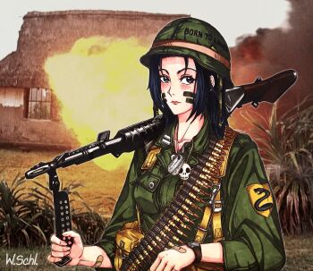 1girl absurdres ammunition_belt ammunition_pouch blue_hair fire grey_eyes gun highres long_hair machine_gun naga_the_serpent non-web_source pouch shell_casing slayers soldier vietnam_war weapon
