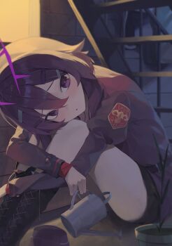 1girl absurdres blue_archive boots brick_wall commentary feet_out_of_frame garrison_cap hair_between_eyes hair_ornament hairclip halo haruka_(blue_archive) hat highres holding holding_watering_can hugging_own_legs indoors jacket lace-up_boots m1o_0112 on_floor parted_lips plant potted_plant purple_eyes purple_hair purple_halo purple_jacket sitting skirt stairs under_stairs unworn_hat unworn_headwear watering_can window_light