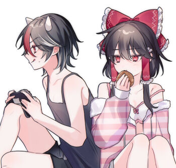 2girls :q alternate_costume black_camisole black_shorts bow bra breasts brown_hair camisole closed_mouth collarbone commentary_request cone_horns contemporary controller eating food frilled_bow frilled_hair_tubes frills game_controller grey_hair grey_horns hair_bow hair_tubes hakurei_reimu holding holding_controller holding_food holding_game_controller horns kijin_seija long_hair multicolored_hair multiple_girls open_clothes potecoro_(ey39_g) red_bow red_eyes red_hair shorts simple_background sitting small_breasts small_horns smile strap_slip streaked_hair tongue tongue_out touhou underwear white_background white_bra