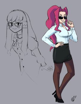 2025 2girls arms_at_sides artist_logo black_lips black_shoes blush_stickers bow bowtie breasts brown_pantyhose cleavage collared_shirt commentary cropped_torso curtained_hair english_commentary female_focus full_body glasses grey_background grin hairband hairdressing hand_on_own_hip hand_up high_heels highres jellycrowned kagoshima_botan large_breasts logo long_hair long_sleeves looking_at_viewer medium_breasts multiple_girls pantyhose pencil_skirt pink_hair puffy_long_sleeves puffy_sleeves pumps purple_eyes shirt shoes sidelocks simple_background skirt sleeve_cuffs smile smug standing straight_hair sunglasses sushi_ben tsujigiri_minami very_long_hair vest white_shirt