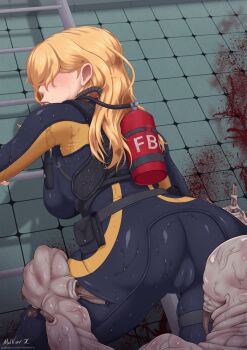 1girl 1other artist_name ass ass_focus black_bodysuit blonde_hair blush bodysuit breasts capcom cleft_of_venus facing_viewer feet_out_of_frame from_behind grabbing_another&#039;s_thigh hair_over_eyes harness highres huge_ass indoors large_breasts large_variant_set lips long_hair malkior--x monster multicolored_bodysuit other_with_female oxygen_tank paid_reward_available parted_lips rachael_foley resident_evil resident_evil:_revelations teeth thick_thighs thighs two-tone_bodysuit variant_set yellow_bodysuit