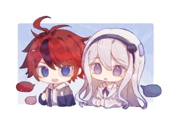 Rule 34 | 1boy, 1girl, ahoge, artist request, black flower, black hair, black hairband, black ribbon, black rose, blank speech bubble, blue eyes, blue jacket, chibi, chibi only, collared shirt, cropped torso, double-parted bangs, drawstring, flower, grey jacket, hair between eyes, hairband, hood, hood down, hoodie, jacket, jacket over hoodie, kashimiya karua, lapels, long hair, long sleeves, multicolored hair, multicolored jacket, neck ribbon, notched lapels, open clothes, open jacket, open mouth, own hands together, purple eyes, red hair, ribbon, rose, second-party source, shirt, short hair, smile, speech bubble, streaked hair, sumino takumi, tareme, the hundred line -last defense academy-, tsurime, two-tone hair, two-tone jacket, v-shaped eyebrows, white hair, white hoodie, white jacket, white shirt