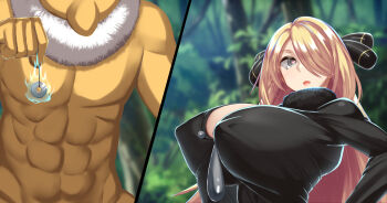 1girl absurdres black_eyes blonde_hair blurry blurry_background breasts cleavage colored_skin covered_erect_nipples cynthia_(pokemon) forest fur_collar gen_1_pokemon hair_over_one_eye hand_up heart heart-shaped_pupils highres holding holding_pendulum huge_breasts hypno hypnosis kawahagitei long_hair looking_at_viewer mind_control multiple_views nature nintendo outdoors parted_lips pendulum pokemon pokemon_(creature) pokemon_dppt serious standing symbol-shaped_pupils tree upper_body yellow_skin