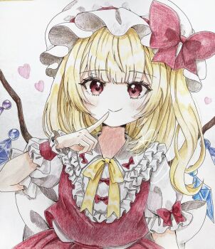 1girl adapted_costume blonde_hair blunt_bangs bow closed_mouth collar crystal crystal_wings finger_to_mouth flandre_scarlet frilled_shirt_collar frills hat hat_bow heart heart-shaped_pupils jaku_sono looking_at_viewer medium_hair mob_cap multicolored_wings one_side_up puffy_short_sleeves puffy_sleeves red_bow red_eyes red_skirt red_vest ribbon shikishi shirt short_sleeves skirt skirt_set smile solo symbol-shaped_pupils touhou traditional_media upper_body vest white_background white_collar white_hat white_shirt wings wrist_cuffs yellow_ribbon