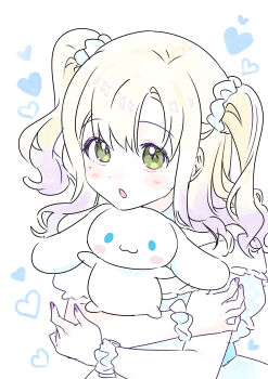 1girl absurdres ai_(girls_band_cry) blonde_hair blush cinnamoroll commentary_request fuwa_fuwa_cinnamoroll girls_band_cry gradient_hair green_eyes habsida_(habsida_hpy) heart highres looking_at_viewer multicolored_hair open_mouth purple_hair purple_nails sanrio scrunchie smile solo twintails upper_body wrist_scrunchie